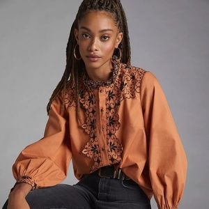 ANTHROPOLOGIE "SCALLOPED EMBROIDERED BUTTONDWON" NWOT $128 10 HONEY